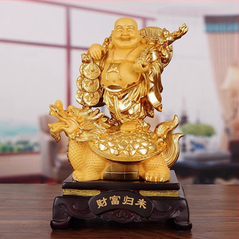 Zlatá socha Budhu Maitreje so Bohom Bohatstva, symbol draková korytnačka, usmievavý Budha s veľkým bruchom pre dekoráciu obývačky