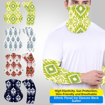Letný kvetinový set na hlavu s ľadovo hodvábnou slnečnou maskou a etnickým tlačeným vzorom na rukách pre jazdu na bicykli