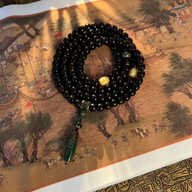 Colier Bodhi rădăcină cu 108 mărgele galbene de jad și 108 mărgele de tip abacus, unisex, mărgele de rugăciune pentru bogăție