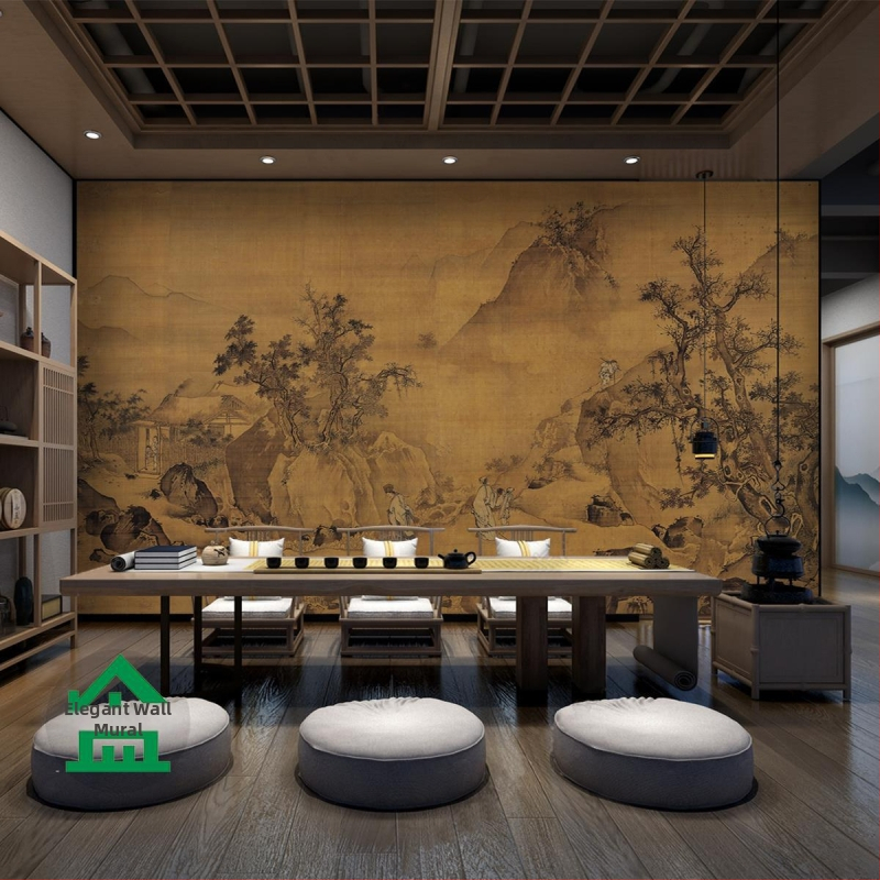 Orange Art Mural – Klasická zen estetika pre čajový salón, dekoratívny stenový mural