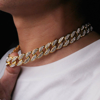 Unisex ogrlica s kristalima, hip-hop stil, 18K zlatno-pločana, valovita lanac, privjesak s kristalima