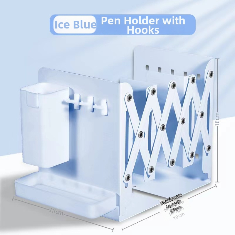Viacúčelový výsuvný stolný organizér so držiakom na ceruzky, háčikmi, úložnou skrinkou, odnímateľnou doskou s dierkami a výsuvným stojanom na knihy