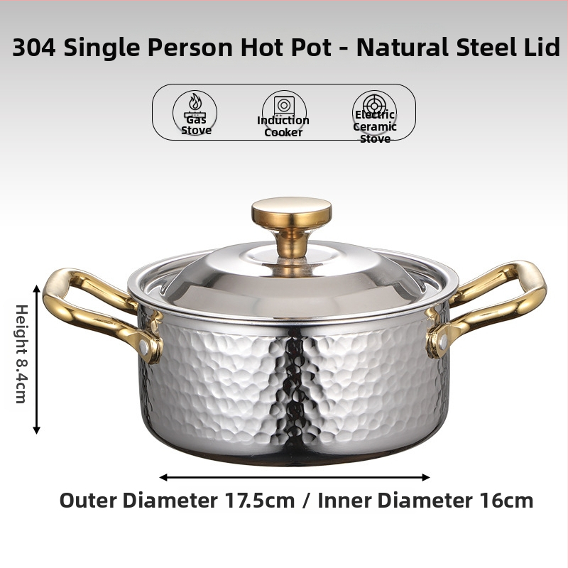 Mini hot pot z nerezovej ocele 304, pre jednu osobu s viečkom, 16 cm, objem 2,1–4 l, trojvrstvové dno
