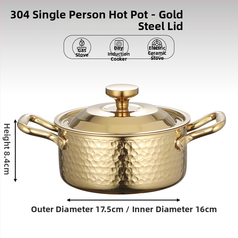 Mini hot pot z nerezovej ocele 304, pre jednu osobu s viečkom, 16 cm, objem 2,1–4 l, trojvrstvové dno
