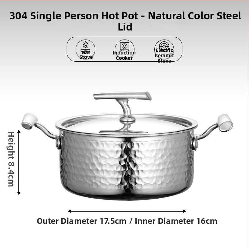 Mini hot pot z nerezovej ocele 304, pre jednu osobu s viečkom, 16 cm, objem 2,1–4 l, trojvrstvové dno