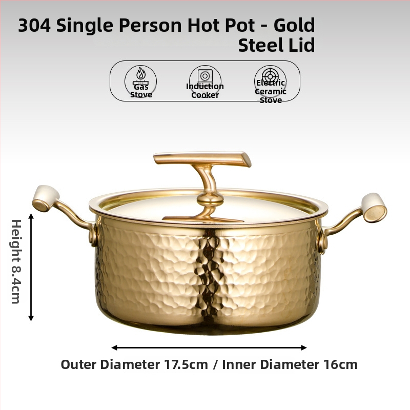 Mini hot pot z nerezovej ocele 304, pre jednu osobu s viečkom, 16 cm, objem 2,1–4 l, trojvrstvové dno