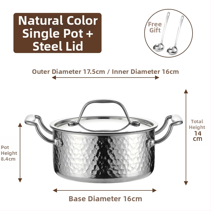Mini hot pot z nerezovej ocele 304, pre jednu osobu s viečkom, 16 cm, objem 2,1–4 l, trojvrstvové dno