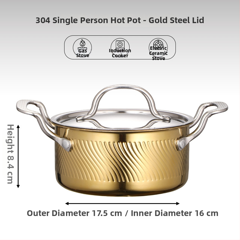 Mini hot pot z nerezovej ocele 304, pre jednu osobu s viečkom, 16 cm, objem 2,1–4 l, trojvrstvové dno