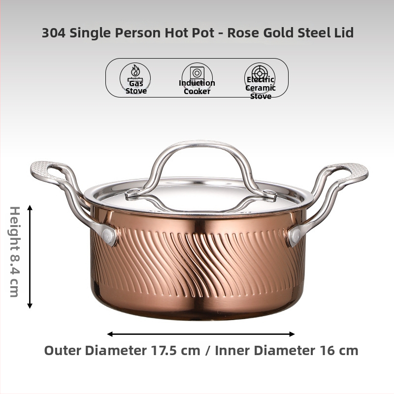 Mini hot pot z nerezovej ocele 304, pre jednu osobu s viečkom, 16 cm, objem 2,1–4 l, trojvrstvové dno