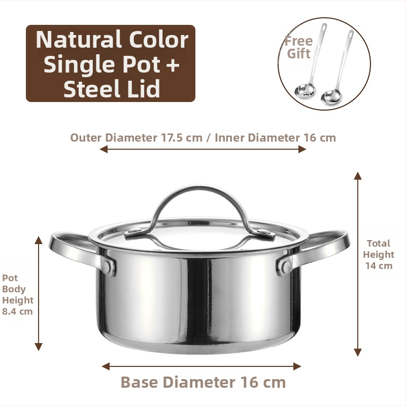 Mini hot pot z nerezovej ocele 304, pre jednu osobu s viečkom, 16 cm, objem 2,1–4 l, trojvrstvové dno