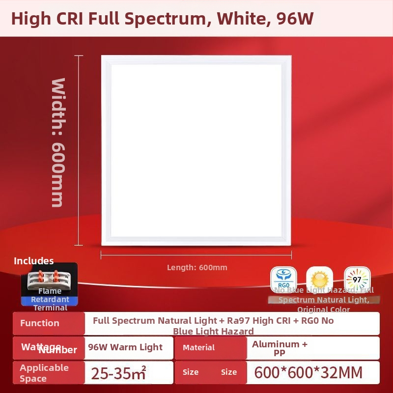 LED plochý panel svetla 600×600, plné spektrum, hliníkový panel na strop do kancelárie, kuchyne a kúpeľne