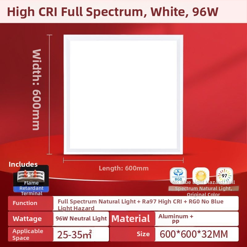 LED plochý panel svetla 600×600, plné spektrum, hliníkový panel na strop do kancelárie, kuchyne a kúpeľne