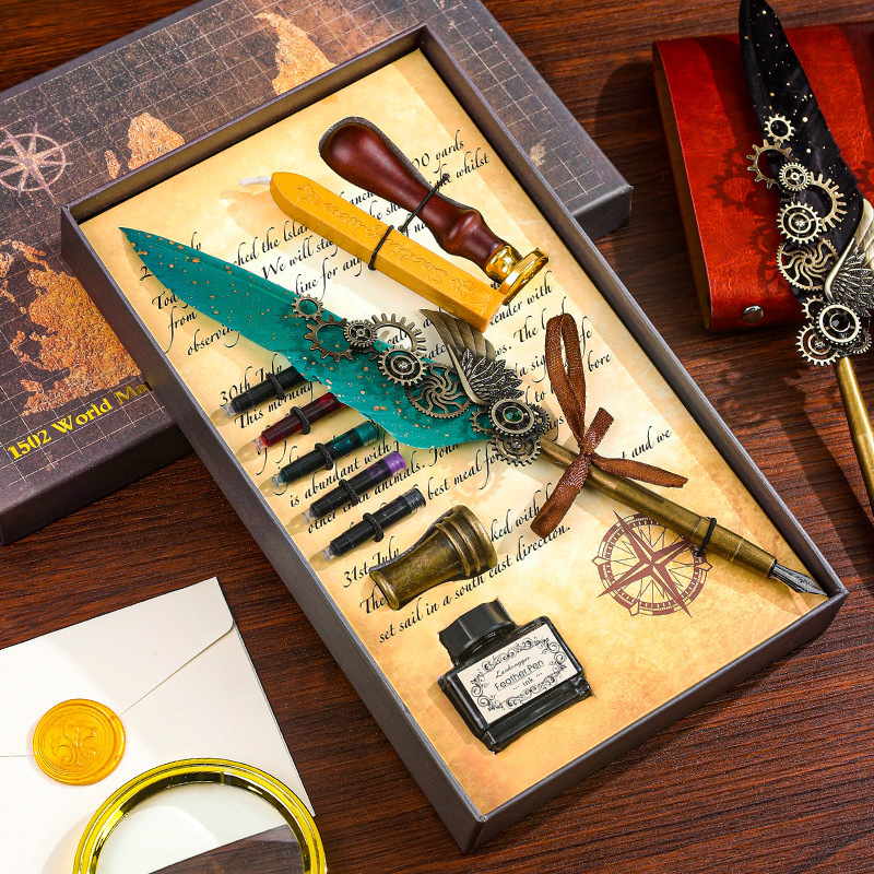 Darčeková sada pero s retro-punk štýlom, steampunk pero s vymeniteľnou náplňou, 5 farieb a vlastný gravír