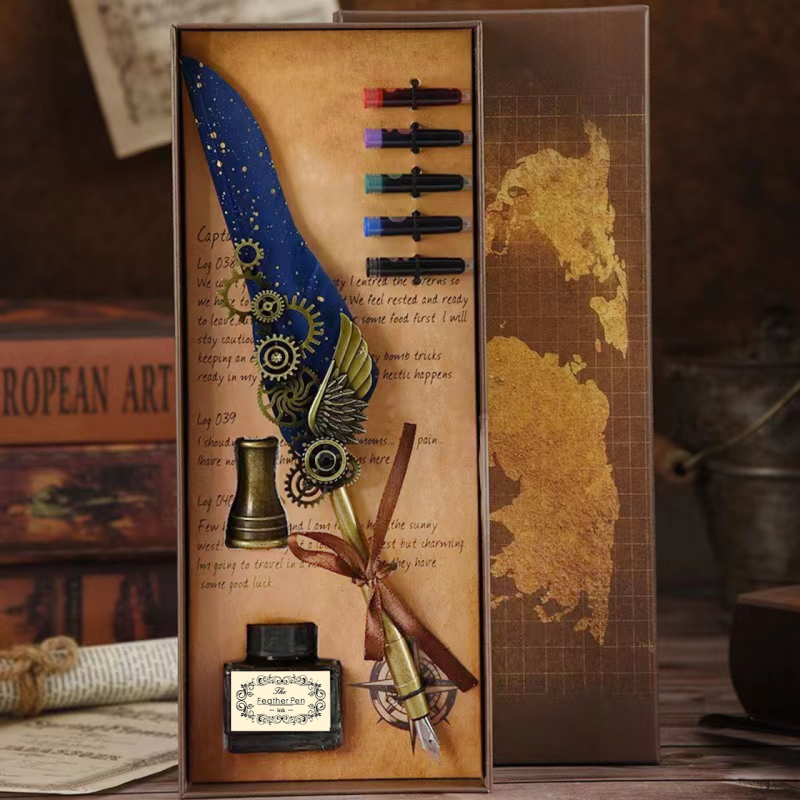 Darčeková sada pero s retro-punk štýlom, steampunk pero s vymeniteľnou náplňou, 5 farieb a vlastný gravír