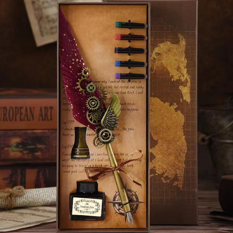 Darčeková sada pero s retro-punk štýlom, steampunk pero s vymeniteľnou náplňou, 5 farieb a vlastný gravír