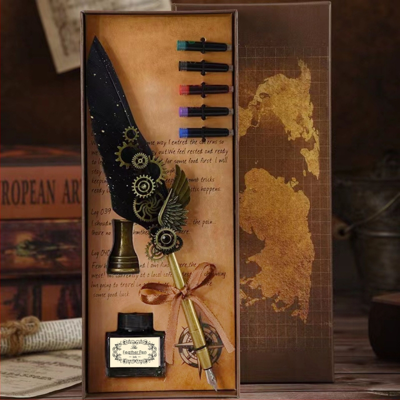 Darčeková sada pero s retro-punk štýlom, steampunk pero s vymeniteľnou náplňou, 5 farieb a vlastný gravír