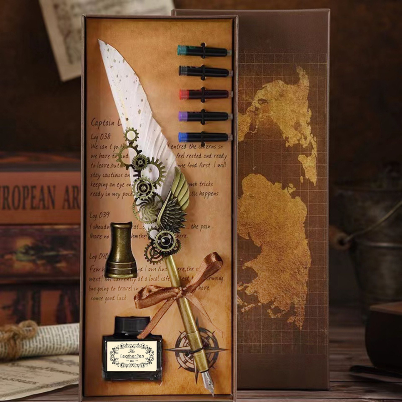 Darčeková sada pero s retro-punk štýlom, steampunk pero s vymeniteľnou náplňou, 5 farieb a vlastný gravír