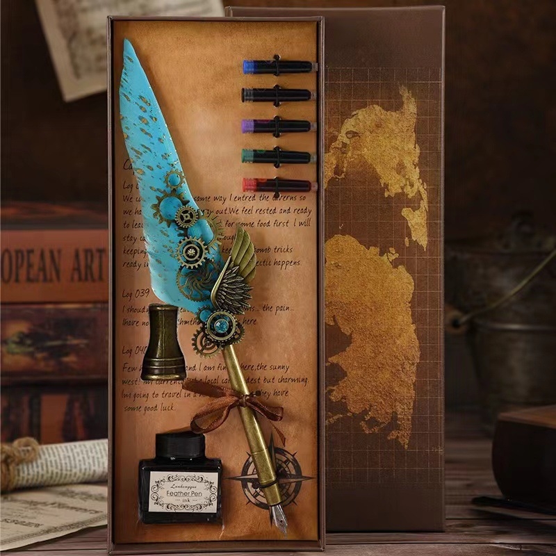 Darčeková sada pero s retro-punk štýlom, steampunk pero s vymeniteľnou náplňou, 5 farieb a vlastný gravír