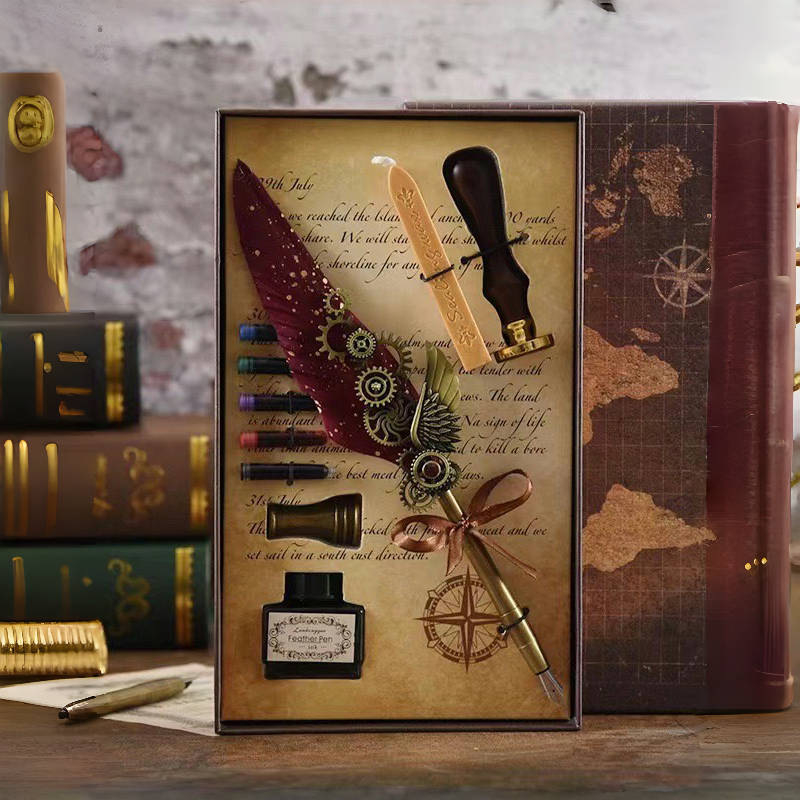 Darčeková sada pero s retro-punk štýlom, steampunk pero s vymeniteľnou náplňou, 5 farieb a vlastný gravír