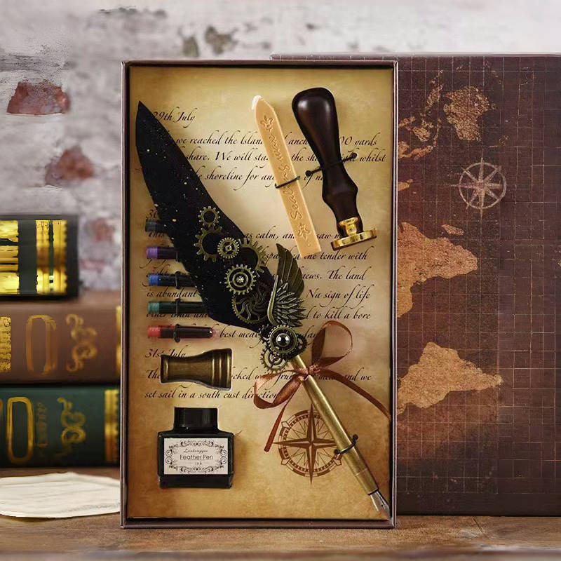 Darčeková sada pero s retro-punk štýlom, steampunk pero s vymeniteľnou náplňou, 5 farieb a vlastný gravír