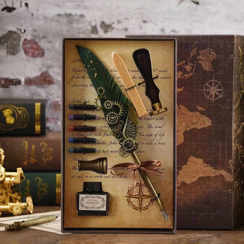 Darčeková sada pero s retro-punk štýlom, steampunk pero s vymeniteľnou náplňou, 5 farieb a vlastný gravír