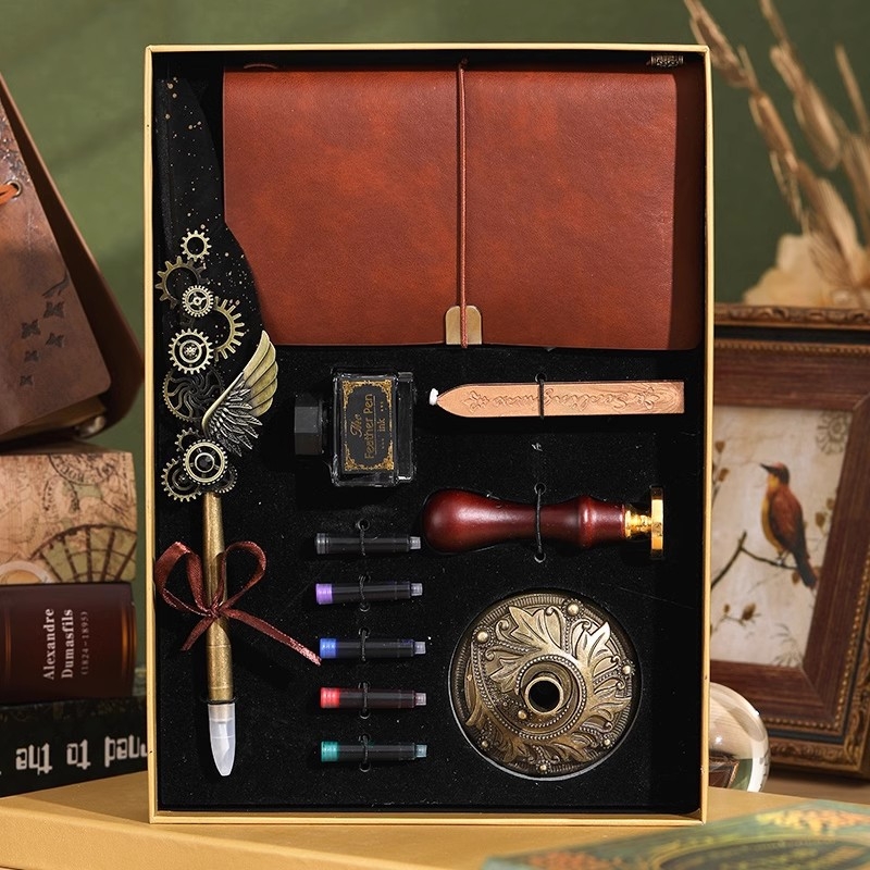 Darčeková sada pero s retro-punk štýlom, steampunk pero s vymeniteľnou náplňou, 5 farieb a vlastný gravír