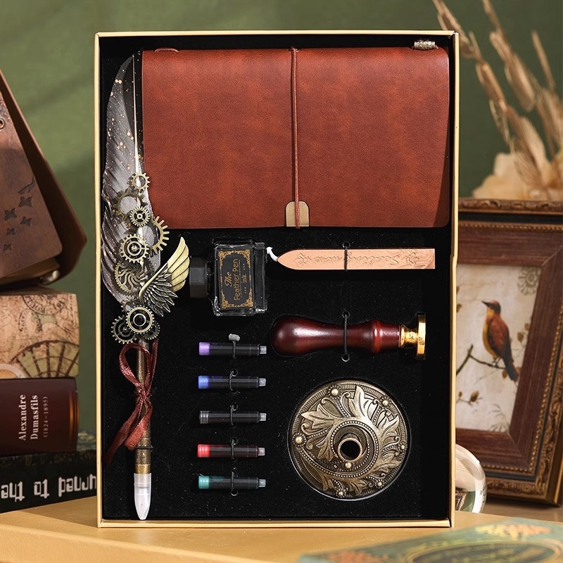 Darčeková sada pero s retro-punk štýlom, steampunk pero s vymeniteľnou náplňou, 5 farieb a vlastný gravír