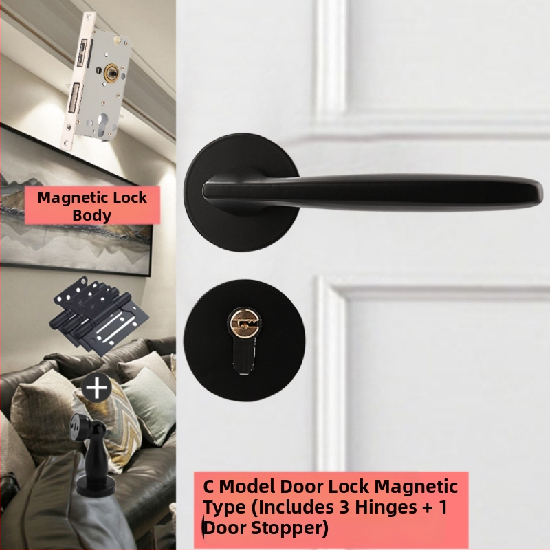 Čierny moderný interiérový zámok na dvere s magnetickým mechanizmom, tichý, rozdelená drevená rukoväť na dvere, domáce použitie