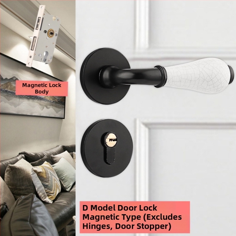 Čierny moderný interiérový zámok na dvere s magnetickým mechanizmom, tichý, rozdelená drevená rukoväť na dvere, domáce použitie
