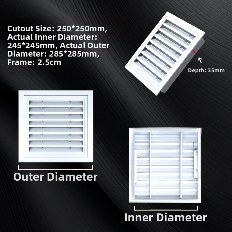 Lamely ventilačné z hliníkovej zliatiny s dekoratívnym krytom pre výduch klimatizácie, na vonkajšiu stenu a strop, dažďuvzdorná mriežka