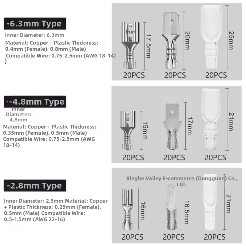 180 kusov mosadz s cínovaným povlakom, pružinová vložka, konektor lisovaný za studena, 2.8/4.8/6.3 mm