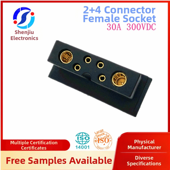 Pozlátený ženský batériový konektor, 30A 300V DC, rýchle pripojenie, konfigurácia 2+4, rozmery 36,4×14,7 mm, pre nabíjanie elektrických vozidiel