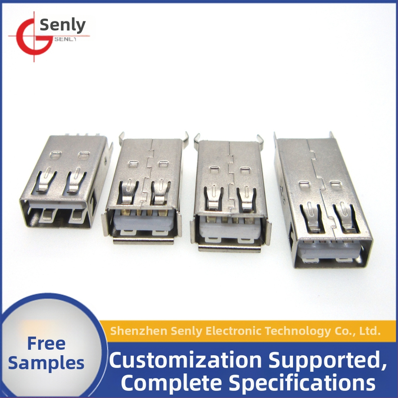 USB Type-A samica konektor, AF180°, vertikálne uchytenie na PCB, rovné/ohnuté nohy