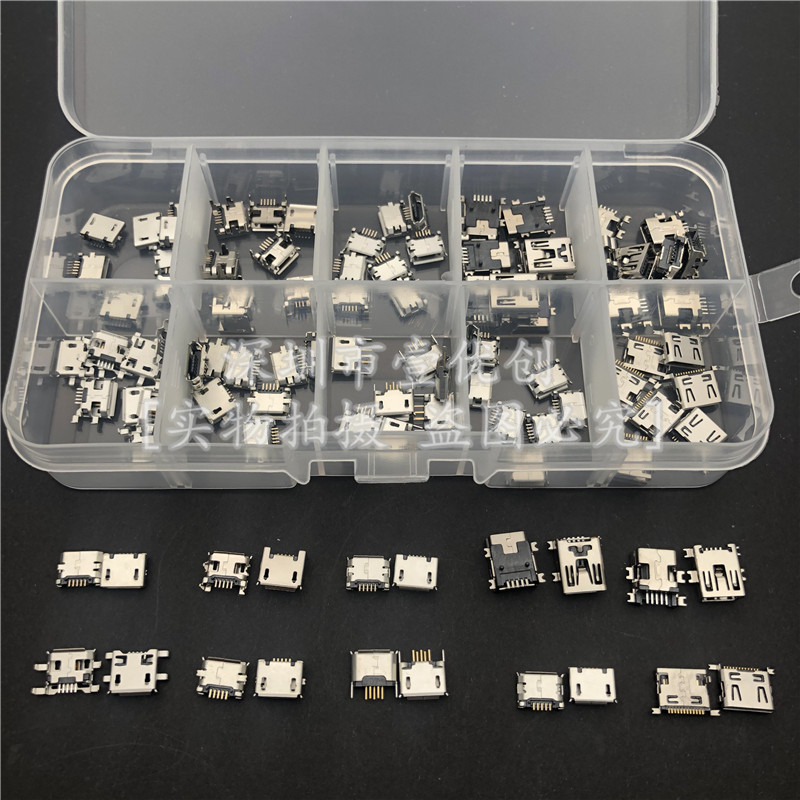 10 modelov Micro USB samičích konektorov, 100 kusov, rôzne špecifikácie, pre nabíjanie Androidu, s krabičkou