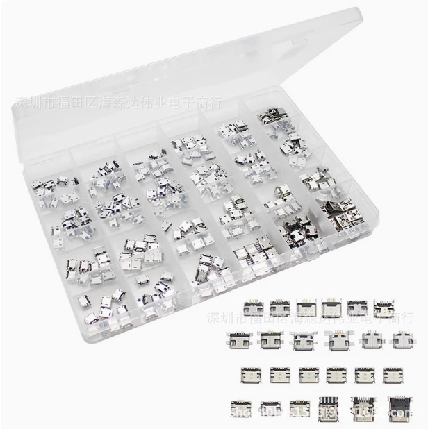 240 ks Micro USB samičie konektory, 24 typov, v krabici, Micro USB rozhranie