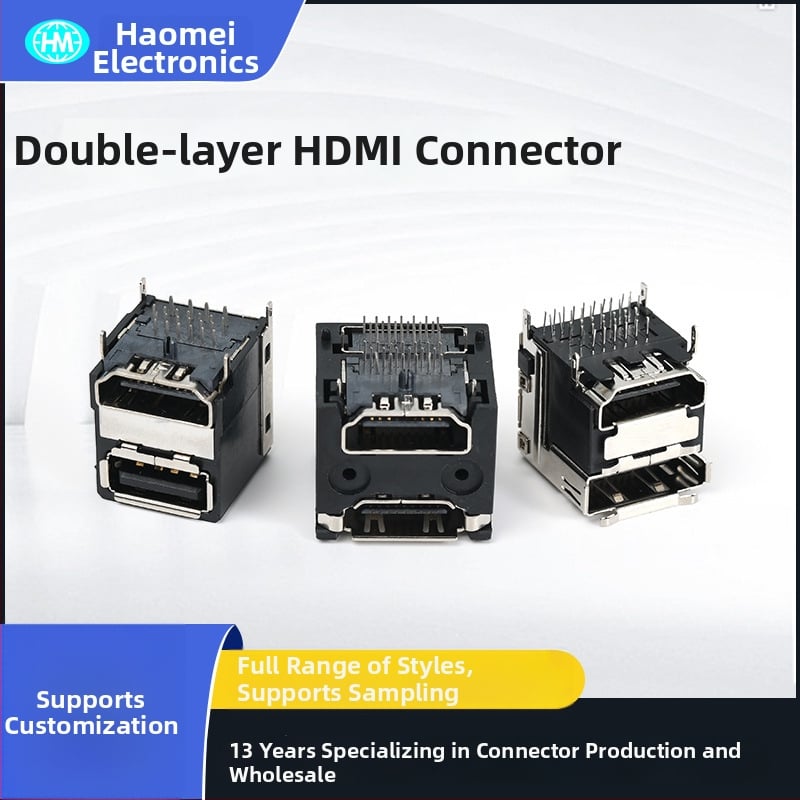 Vlastný D-Sub konektor, dvojvrstvový laminovaný USB a HDMI, DP 90° konektor na dosku PCB