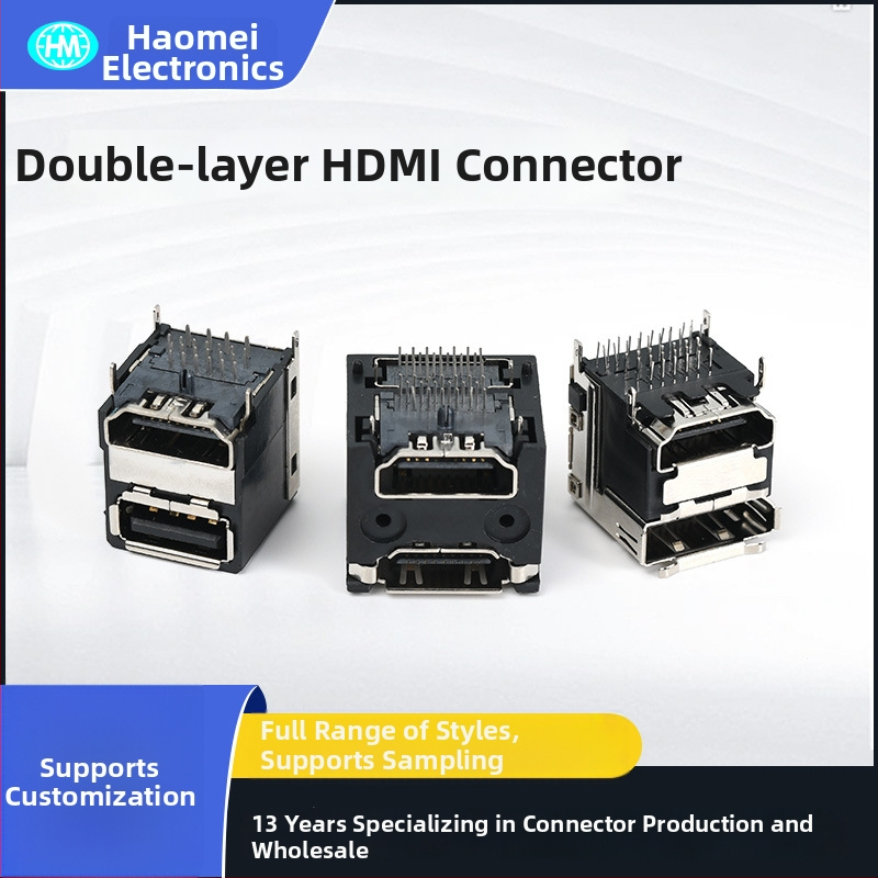 Vlastný D-Sub konektor, dvojvrstvový laminovaný USB a HDMI, DP 90° konektor na dosku PCB