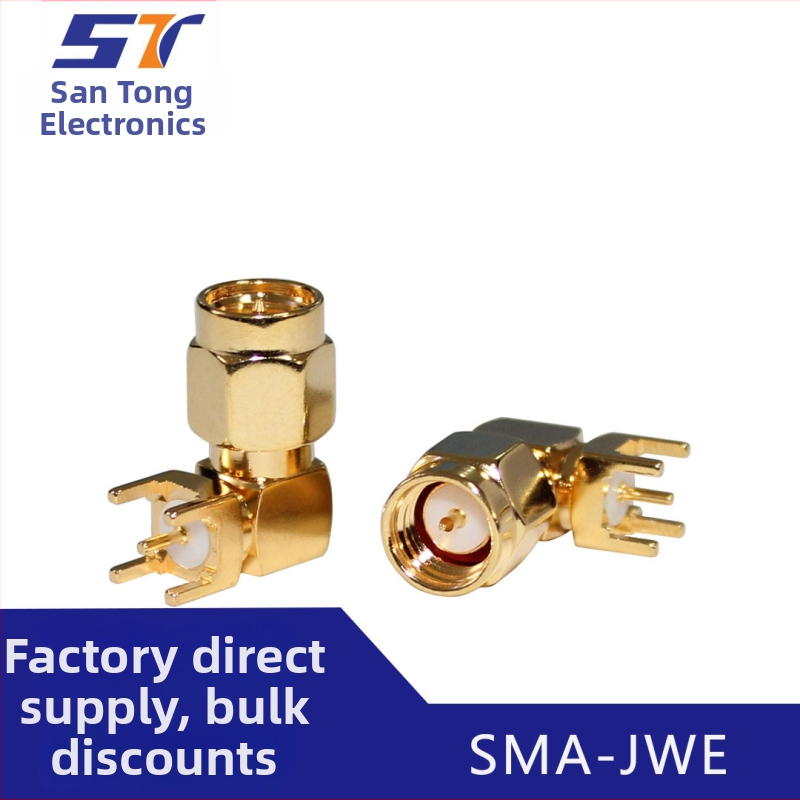 RF koaxiálny konektor SMA-JWE, ohýbaný samček, vnútorná skrutka a vnútorný kontakt, montáž na PCB dosku, 4 kolíky