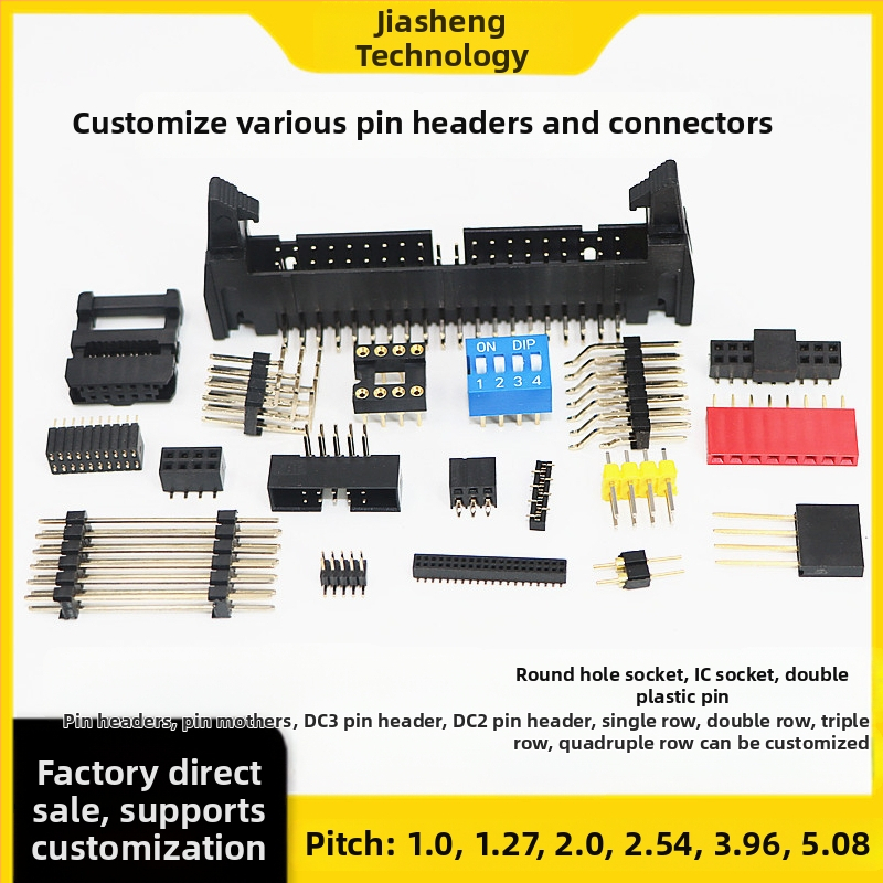 Pinový header a samičí header – balenie na páske a rolke, rozteče 1.0, 1.27, 2.0, 2.54, 3.96, 5.08 mm, rovné a zahnuté piny