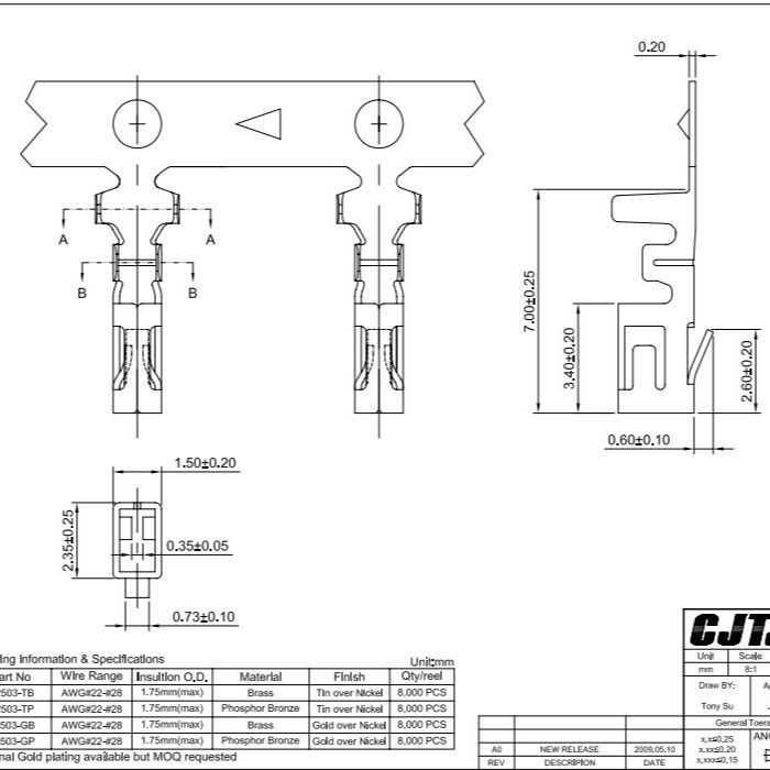 Značka CJT, LED konektor s roztečou 2,50 mm, A2503 kábel-doska spojka pre elektromobily