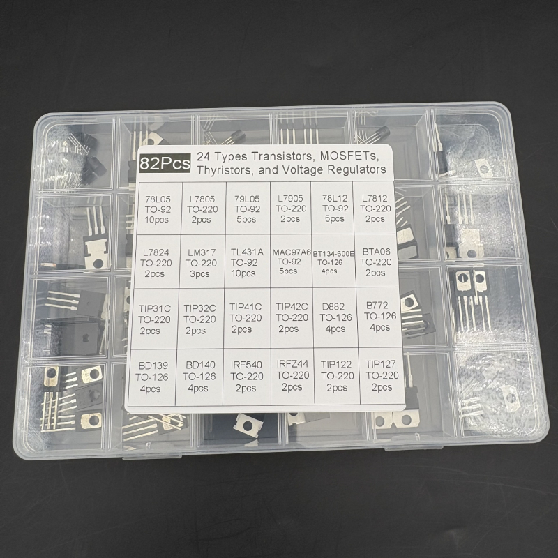 82 komada: 24 tipa snage tranzistora, MOSFET-a, tiristora i regulatora napona, TO-126/TO-92/TO-220