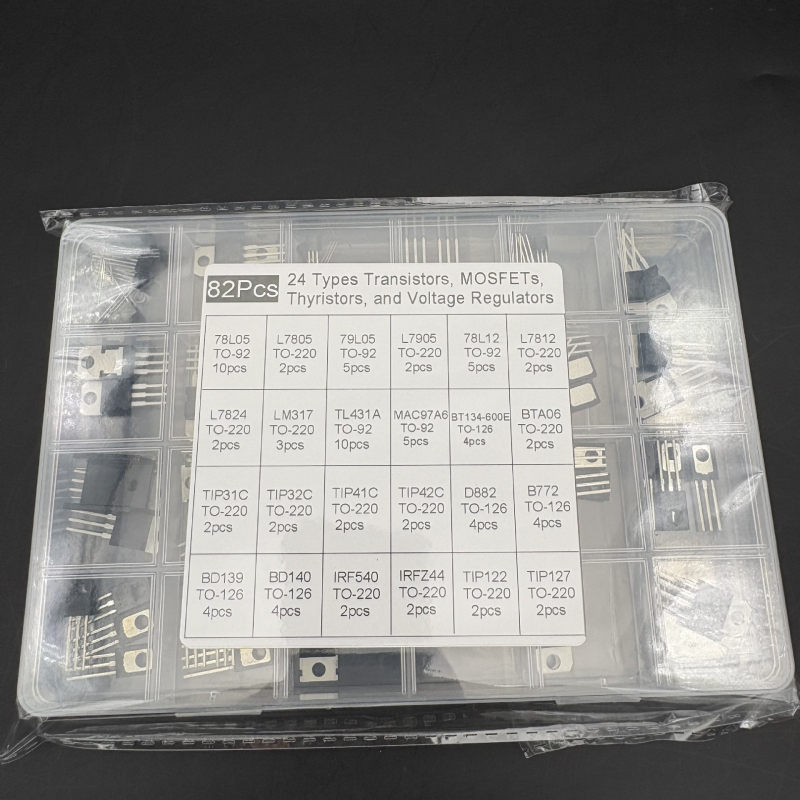82 komada: 24 tipa snage tranzistora, MOSFET-a, tiristora i regulatora napona, TO-126/TO-92/TO-220