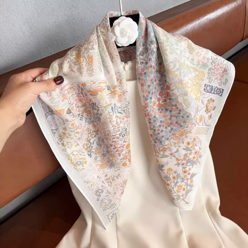 Шал от коприна Mulberry, квадрат 65×65 см, принт Градината на Моне, за жени, пролет-лято, лек и елегантен