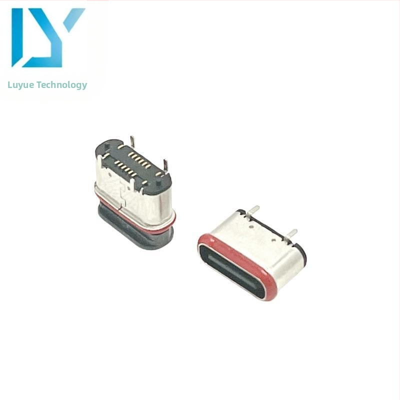 Type-C 16-pínový vodotesný ženský konektor, zvislý USB 16P, s podstavou a červeným gumovým krúžkom, výška 5,75 mm