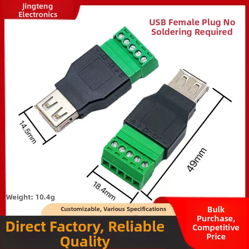 JT1284 Bez spájkovania USB-A samica pre 5-pólový terminál, zelený konektor