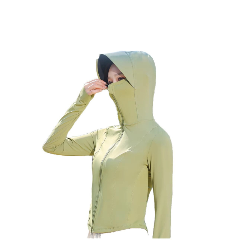 Slim-fit jóga napsugárvédő felső UPF50+ beépített kapucnival és maszkkal, légáteresztő kültéri viselet