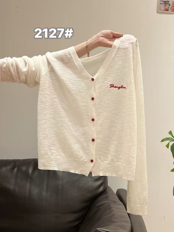 Korejski stil, bijeli tanki pleteni kardigan s UV zaštitom za žene, proljeće 2026 – novi stil, preko topa s naramenicama, kratka jakna