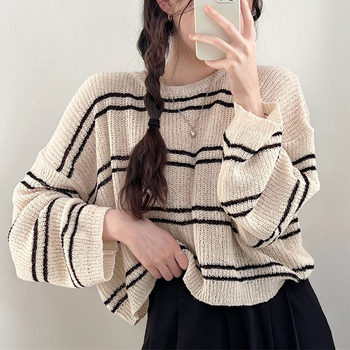 Korejski šik prozračni prugasti pleteni crop top s dugim rukavima, slobodan kroj, UPF30+ zaštita od sunca