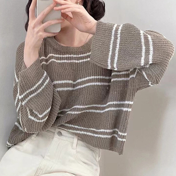 Korejski šik prozračni prugasti pleteni crop top s dugim rukavima, slobodan kroj, UPF30+ zaštita od sunca