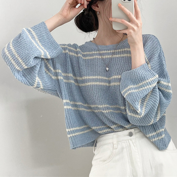 Korejski šik prozračni prugasti pleteni crop top s dugim rukavima, slobodan kroj, UPF30+ zaštita od sunca